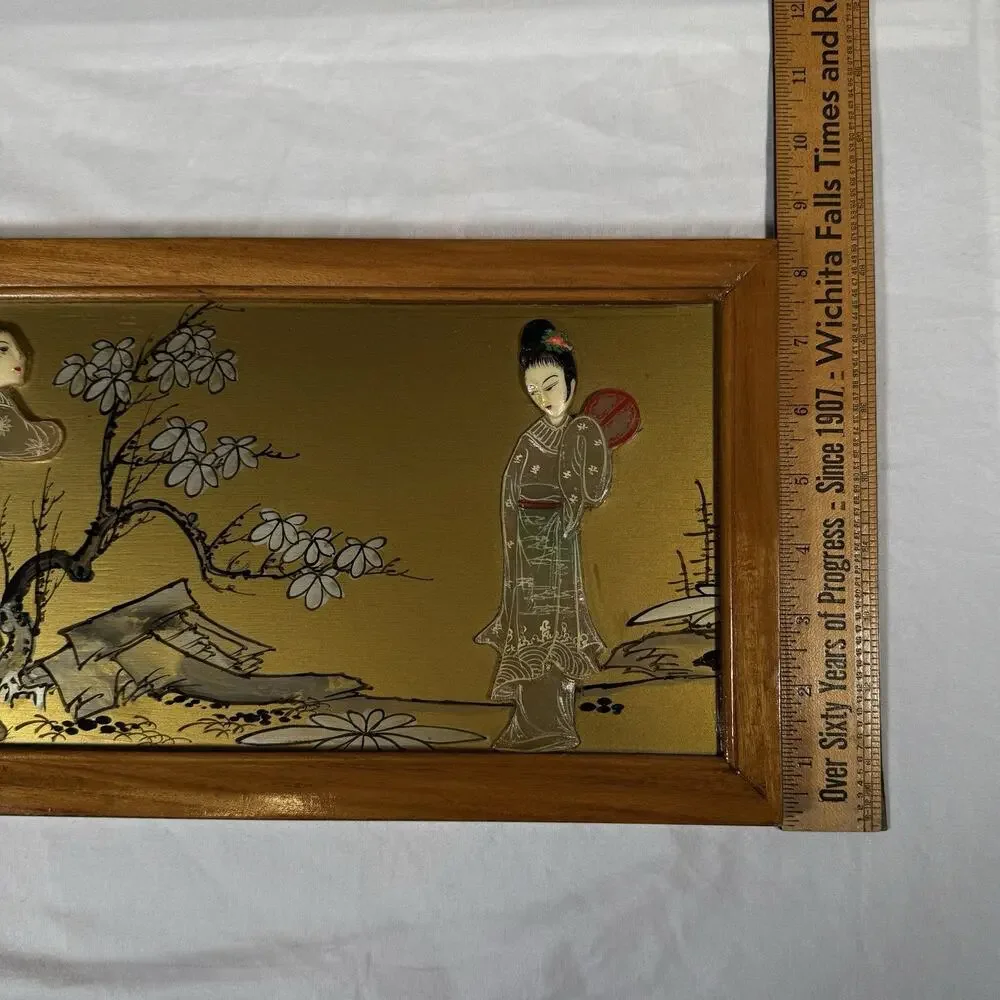 Vintage Asian Reverse Painted Glass Wall Art Geisha Women Gold Background MCM